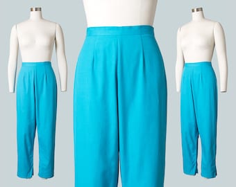 Vintage 1950s Capris | 50s Turquoise Blue Cotton High Waisted Cigarette Pants (small)