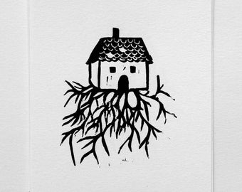Being uprooted - linocut black and white