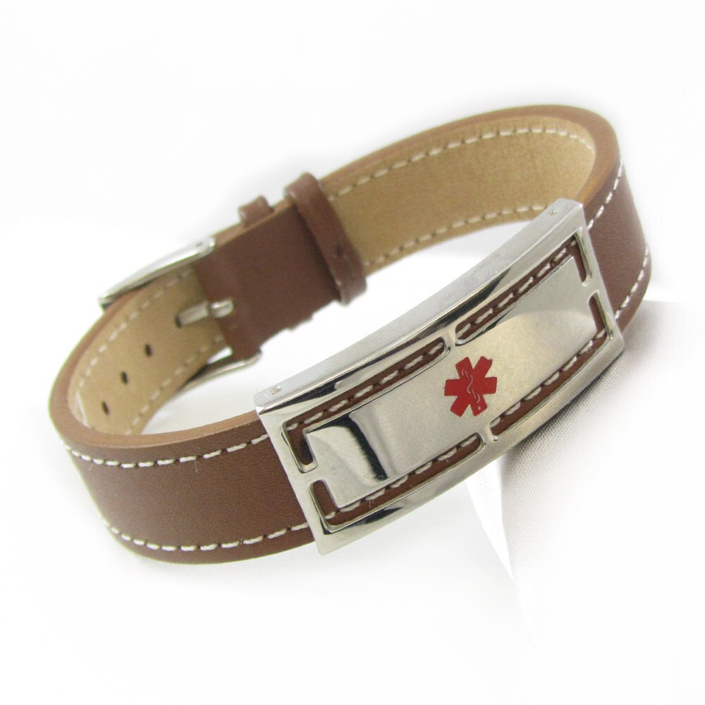 Brown Leather Bracelet dalerte médicale gravure Brown Leather Bracelet dalerte médicale gravure