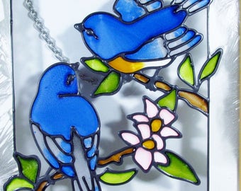 Vintage bluebirds love birds stained glass window decor.