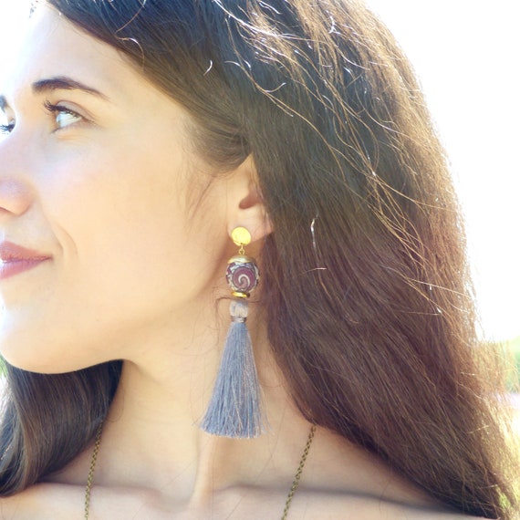 Tassel earrings, Long earrings, Silk earrings, Luxurious earrings, Grey earrings, Statement earrings, Boho chic earrings, Summer earrings,