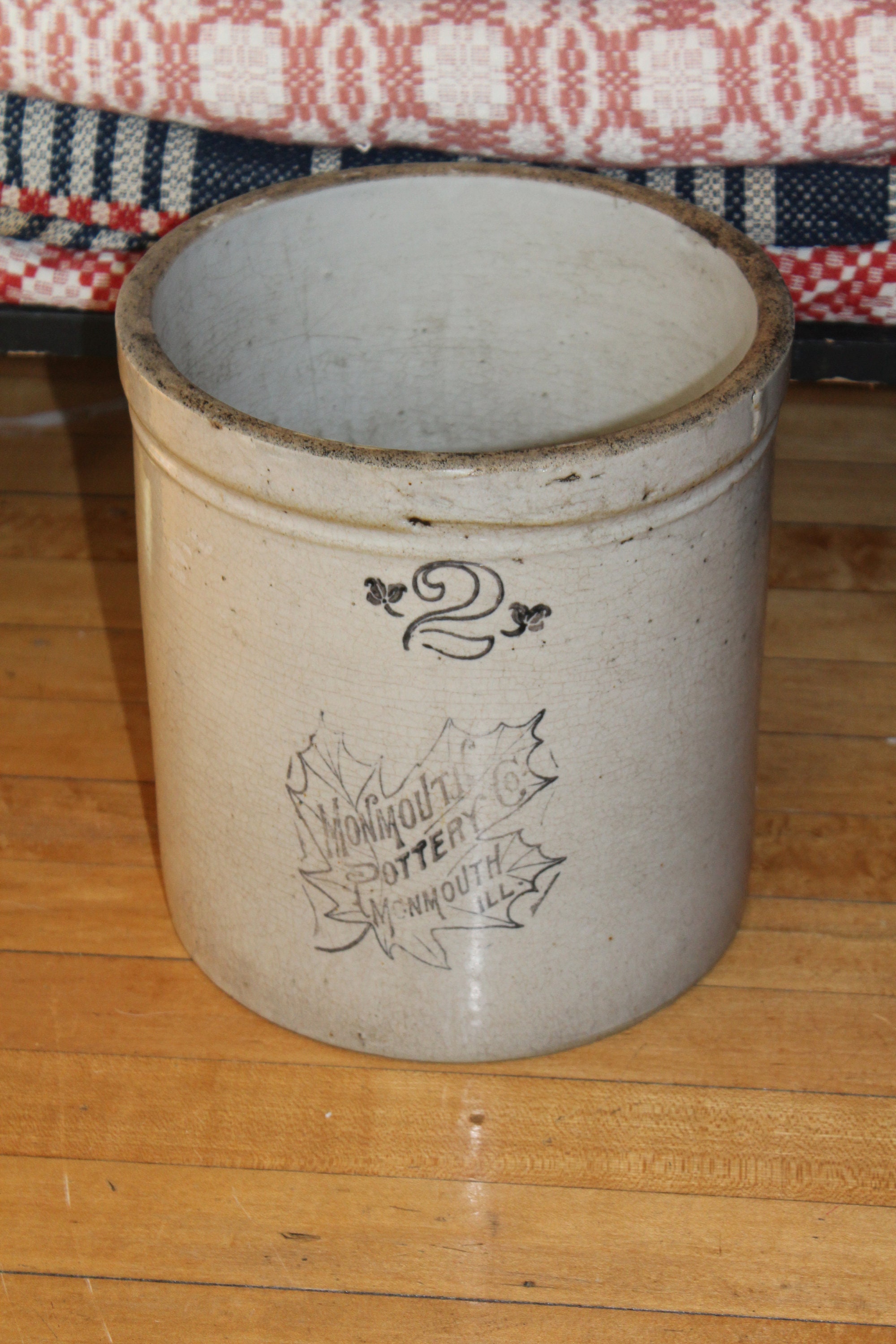 Antique Stoneware Crock 2 Gallon Monmouth Pottery Farmhouse Decor