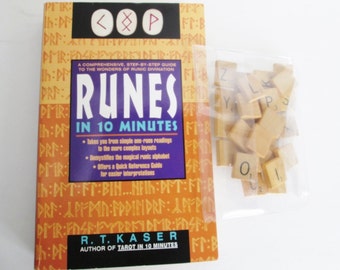 Runes in 10 minutes by Robert Kaser, Rune Scrabble Tiles, 403 pages 1995, soft cover book, runic divinations readings, love, career Avon