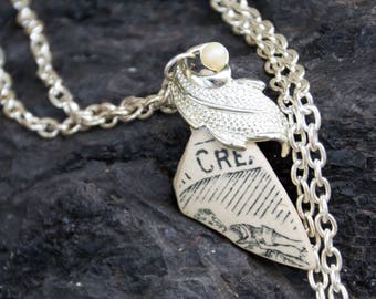 Handmade Salvaged Sea Pottery Faux Pearl Silver Leaf Vintage Jewelry Pendant & Chain Necklace OOAK Refashion Upcycle Repurpose Eco Boho