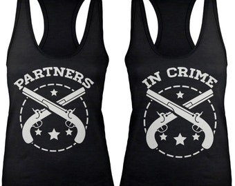 Best Friends Shirts - Partners In Crime Crossed Gun Burnout Tank Tops BFF Tanks Guns Matching Tanks