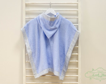 Hooded Baby Beach Towel - Handmade Blue Gingham Hooded Poncho Towel - Toddler Towel