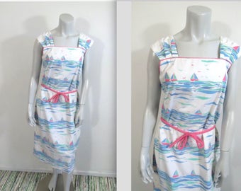 Vintage 70s The Vested Gentress Whimsical Sailboat Print Dress L