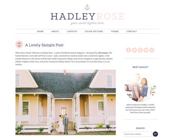 Wordpress Theme Premade Blog Template Design - "Hadley Rose" Instant Digital Download