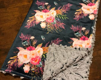 Boho baby blanket / feather baby blanket / Watercolor floral blanket / Faux fur minky blanket / boho nursery / boho baby shower