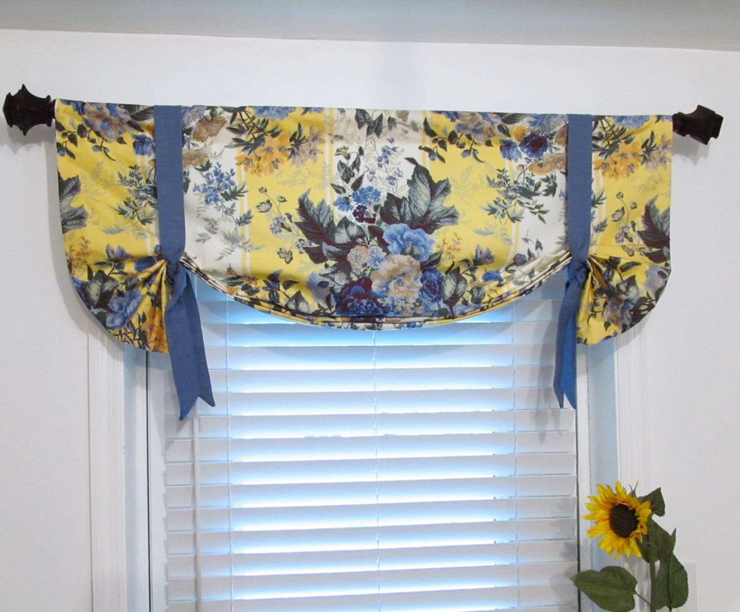 Floral Tie Up Lined Valance Yellow Blue Custom Sizing