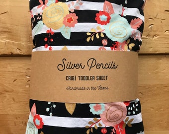 Floral Striped Crib Sheet, Metallic Gold, Black, White, Bedding, Nursery Decor, Baby Shower Gift