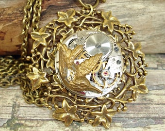 Steampunk Watch Movement Necklace-Brass Hummingbird Necklace-Woodland Upcycled Necklace-Nature Necklace For Her-OOAK!