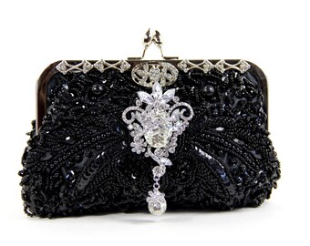 Black purse, black clutch, Black Beaded Evening Bag- Black Beaded Clutch, Evening Bag - Black Clutch, little black dress