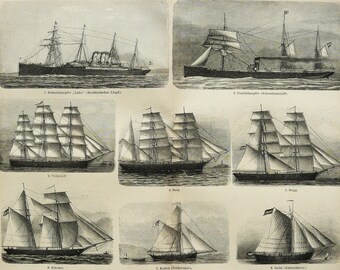 1900 Antique print of SAILING SHIPS, different types. Sailships. Sailing. Navigation. Sailboats. 118 years old engraving.