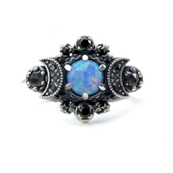 Cosmos Moon Ring - Lab Blue Grey Opal with Black Diamonds