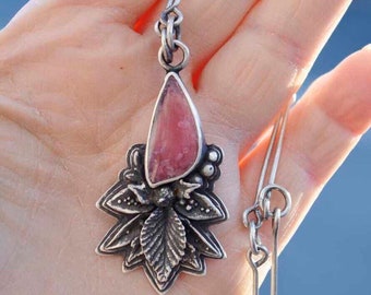 Pink Tourmaline Necklace, Sterling Silver, Botanical, Leaf, Pendant, Metalsmith Jewelry