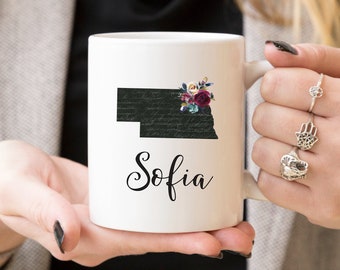 Personalized Nebraska Coffee Mug, Ceramic Mug, 11 or 15 Ounce Mug, Floral State Name Mug, Custom Gift, Birthday Gift, Bridesmaid Gift