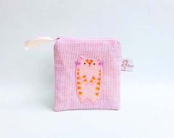 Pink cat linen coin purse linen zipper pouch small change purse cute cat coin pouch cat lover gift for girlfriend for her valentine gift