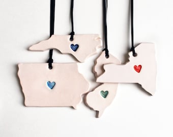 Custom State Heart Ornament, Ceramic, Pottery, Handmade - State shape - Christmas Ornament - Porcelain, Lauren Sumner Pottery