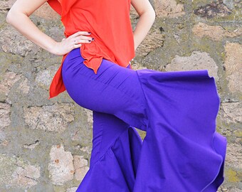 Purple Flared Pants, Cotton Denim Pants, Flared Fringe Pants TP36, Teyxo Pants
