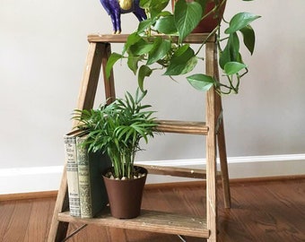 Step Ladder Plant Stand / Farmhouse Ladder / Vintage Wooden Ladder / Porch Decor / Re-purposed Knick Knack Shelf / Small Folding Ladder