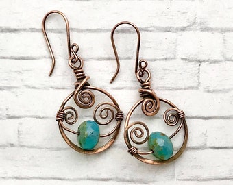 handmade earrings, copper earrings, bead earrings. March birthday gift, March birthstone, wire wrapped earrings
