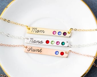 Mom Necklace Custom Name Gift Mom Birthstone Necklace • Mommy Jewelry Aunt Gift Kids Nana Necklace Birthstone Bar Necklace BS_18