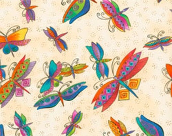 Laurel Burch Fabric Dragonflies Ivory Metallic Flying Colors II 1/2 Yard