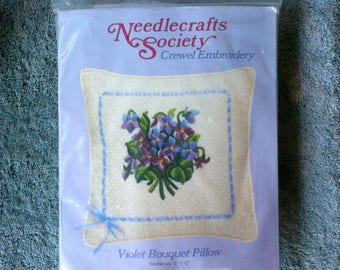 Vintage Needlecrafts Society Crewel Embroidery Pillow Kit Violet Bouquet Pillow Crewel Pillow Flower Pillow h16