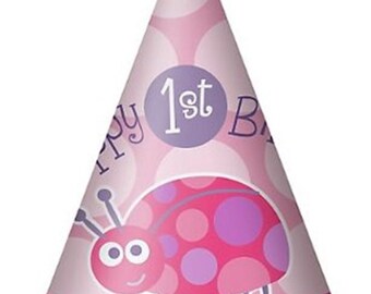 1st Birthday Girl Ladybug Cone Hats 8ct