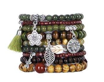 Beaded Bracelets Set of 9 Stretch Bracelets Bohemian Earth Tones Stack with Silver Tone Charms and Tassel