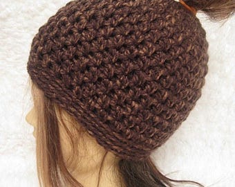 Ponytail Hat, Messy Bun Beanie, Messy Bun Hat, Brown, Mom Bun Hat, Chunky, top knot hat, crochet hat, running hat, messy hair, crochet, hat