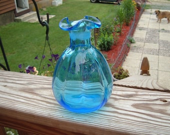 Vintage Ruffled Edge Hand Blown Ribbed Blue Vase