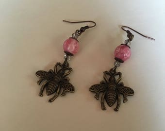 Brass bee and rhodonite earrings