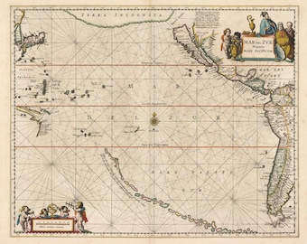 Antique map of Pacific, Japan, west coast of South America, central America,1650, fine art print