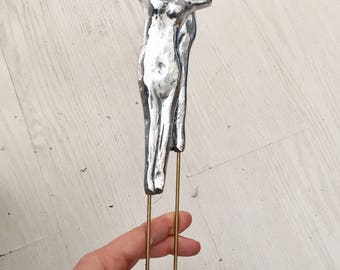 Man-woman abstract sculpture brass and aluminum set of two