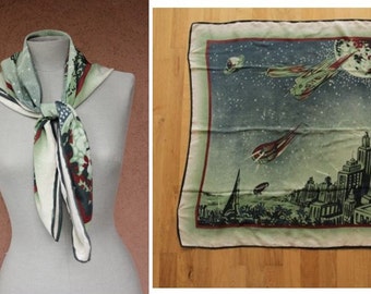 RARE & COLLECTIBLE! 1950's Georges Rech Paris Silk Scarf - Futuristic metropolis Scarf