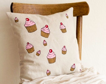 Cupcake Pillow Cover, 16 x 16 Hand Painted Cushion Cover, Linen and Cotton Kitchen Decor, Cupcake Home Decor