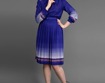 Vintage 1970s Dress • Blue Polka Dot Dress • Chiffon Dress • Border Print Geometric Dress • Puff Sleeve Secretary Dress • 70s Party Dress