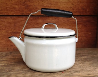Small Enamel Kettle with Lid and Bailing Handle, Vintage Kettle, White and Black Enamelware, Camping Kettle, Farmhouse Kitchen Decor,