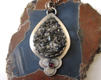 Raw Hematite Pendant with Rhodolite Garnet Sterling Silver Necklace Jewelry