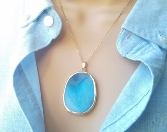 Agate Slice Necklace | Blue Agate Slice | blue agate necklace | boho necklace | agate pendant | blue necklace | gemstone necklace | stone