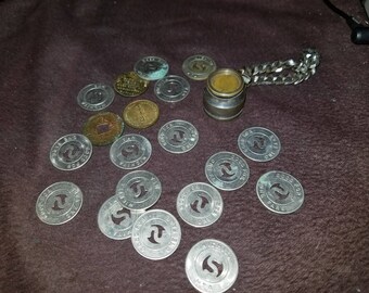 REDUCED 50%!!! Vintage Bus Token & Parking Token Lot 19 pieces plus holder bracelet