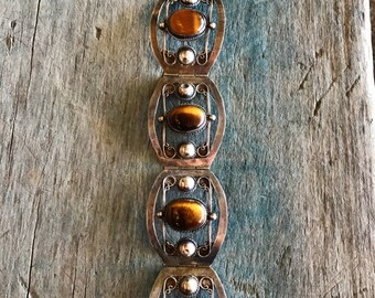 Tiger's Eye and Sterling Bracelet | Hecho En Mexico 1940s Sterling Silver Bracelet