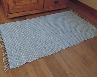 Hand Woven Rag Rug Light Blue Cotton 26" x 46"