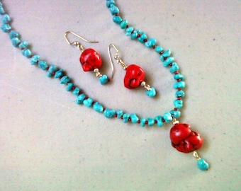 Turquoise and Red Southwestern Necklace and Earrings (0503)