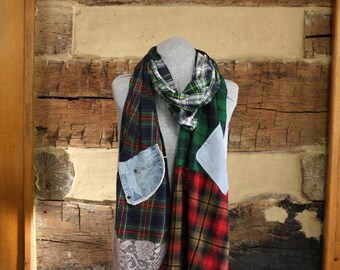 Tartan Flannel Scarf Rustic Plaid Boho Chic Scrappy Scarves Mori Girl Tattered Upcycled Hippie Patchwork Scarf Anthropologie Style Neck Wrap