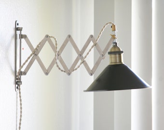 Scissor lamp, Scissor lamp with brass cone shade, Accordion Wall Lamp with spun brass cone shade