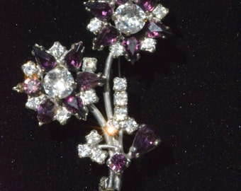 Vintage Purple and Clear Rhinestone Flower Brooch