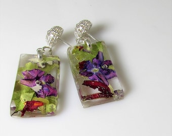 Purple Verbena, Real Flower Earrings, Pressed Flower Jewelry, Resin (3061)